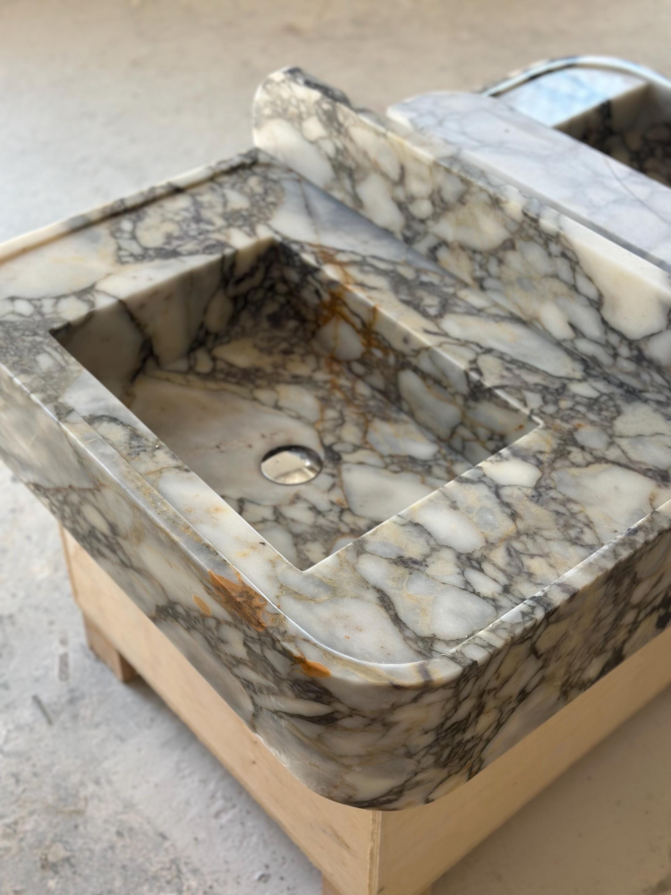 Handmade Calacatta Monet Marble Sink – Classic Carved Bathroom Basin – Customizable Natural Stone Vanity Vessel