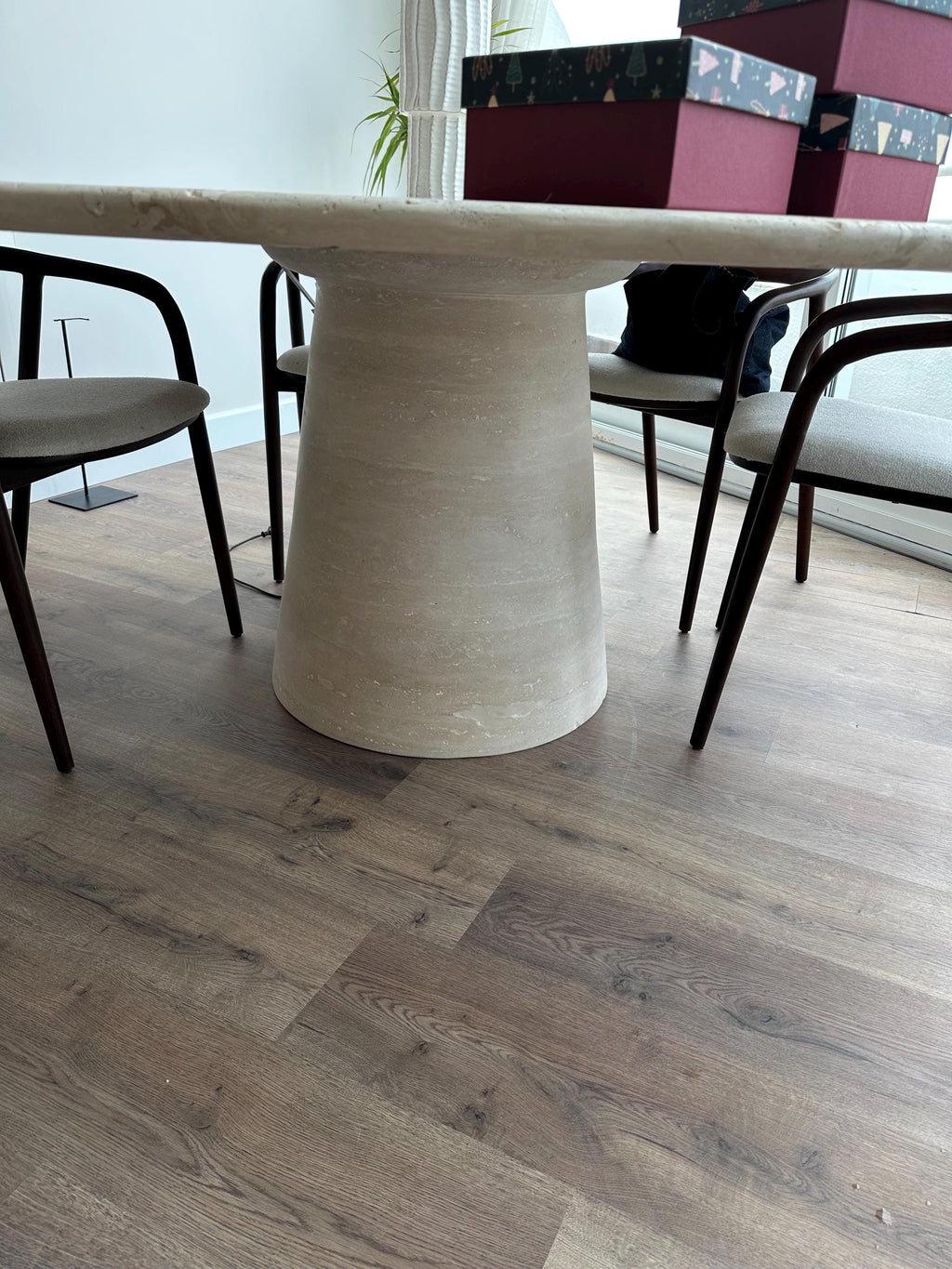 Travertine Marble Dining Table: Vein Cut with Hexagonal Base