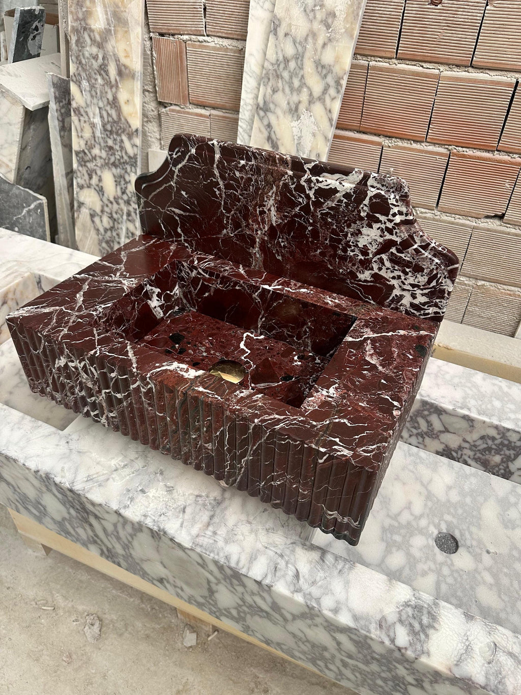Rosso Levanto Marble Wall Mounted Sink: Powder Room Vanity, 16x24x6