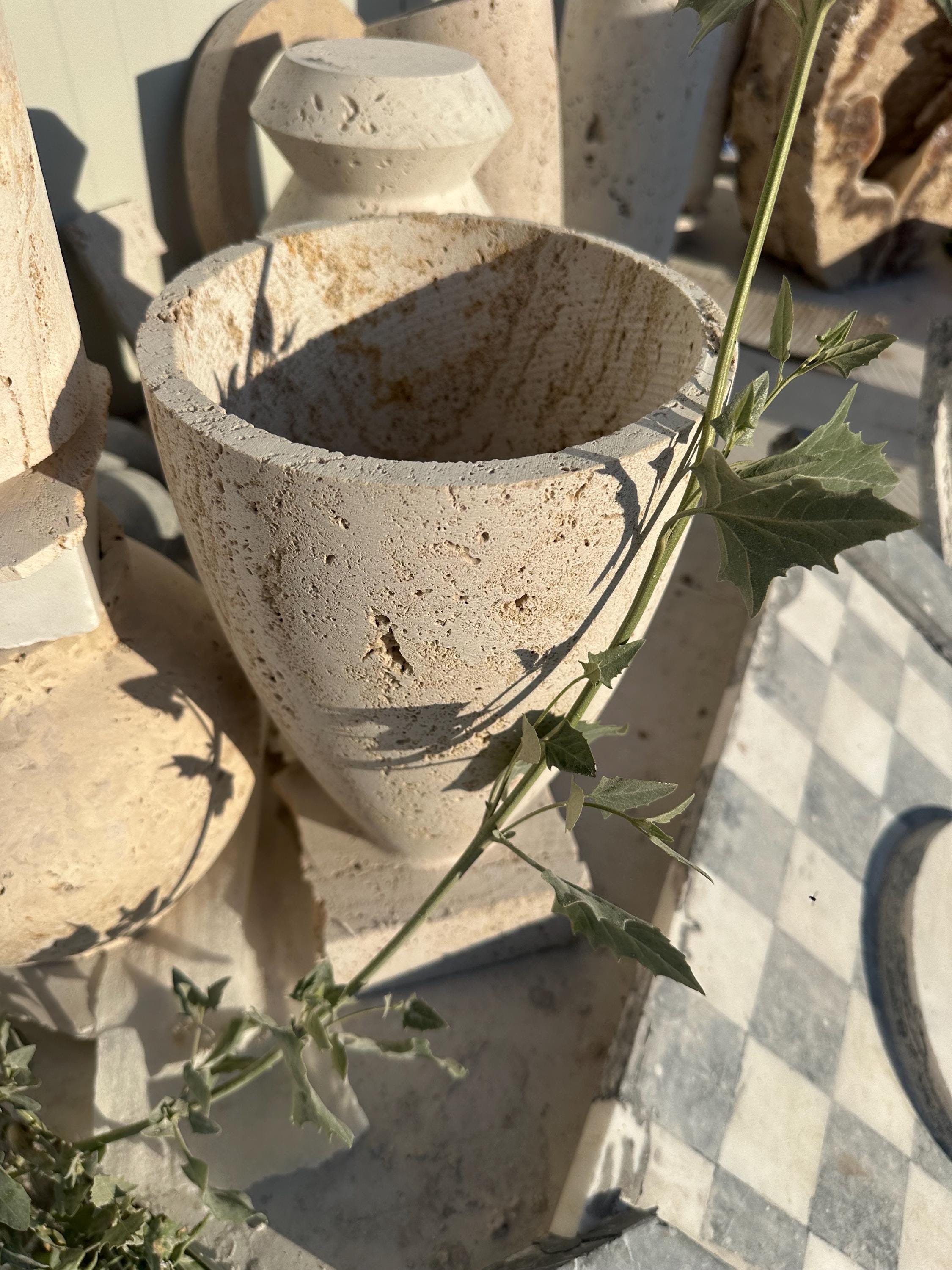 Handmade Travertine Marble Planter: Cylinder Vase, Indoor/Outdoor