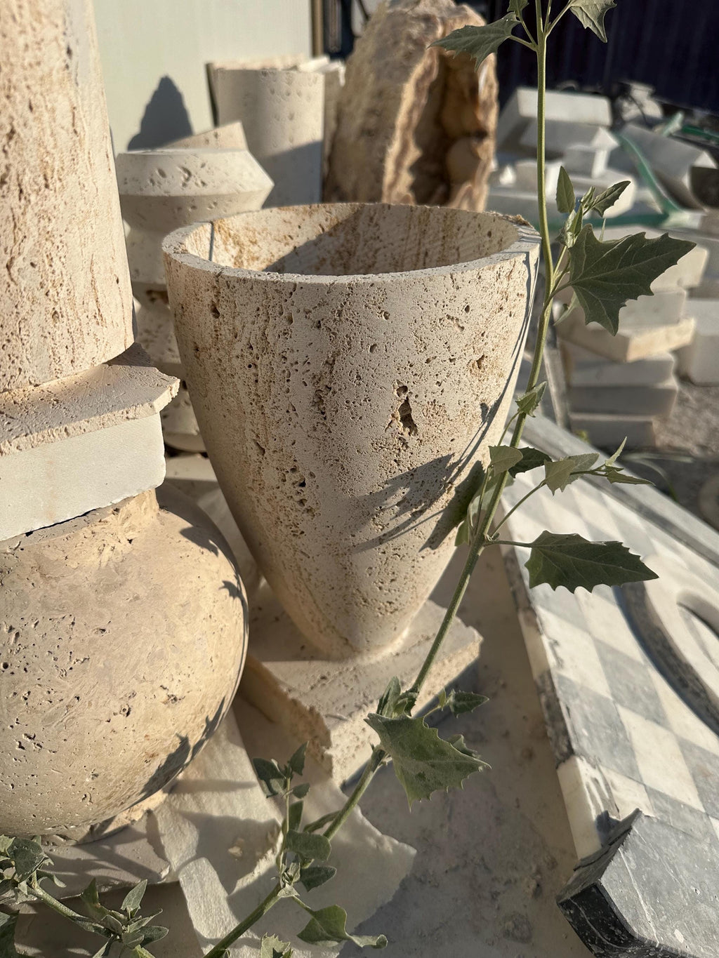 Handmade Travertine Marble Planter: Cylinder Vase, Indoor/Outdoor