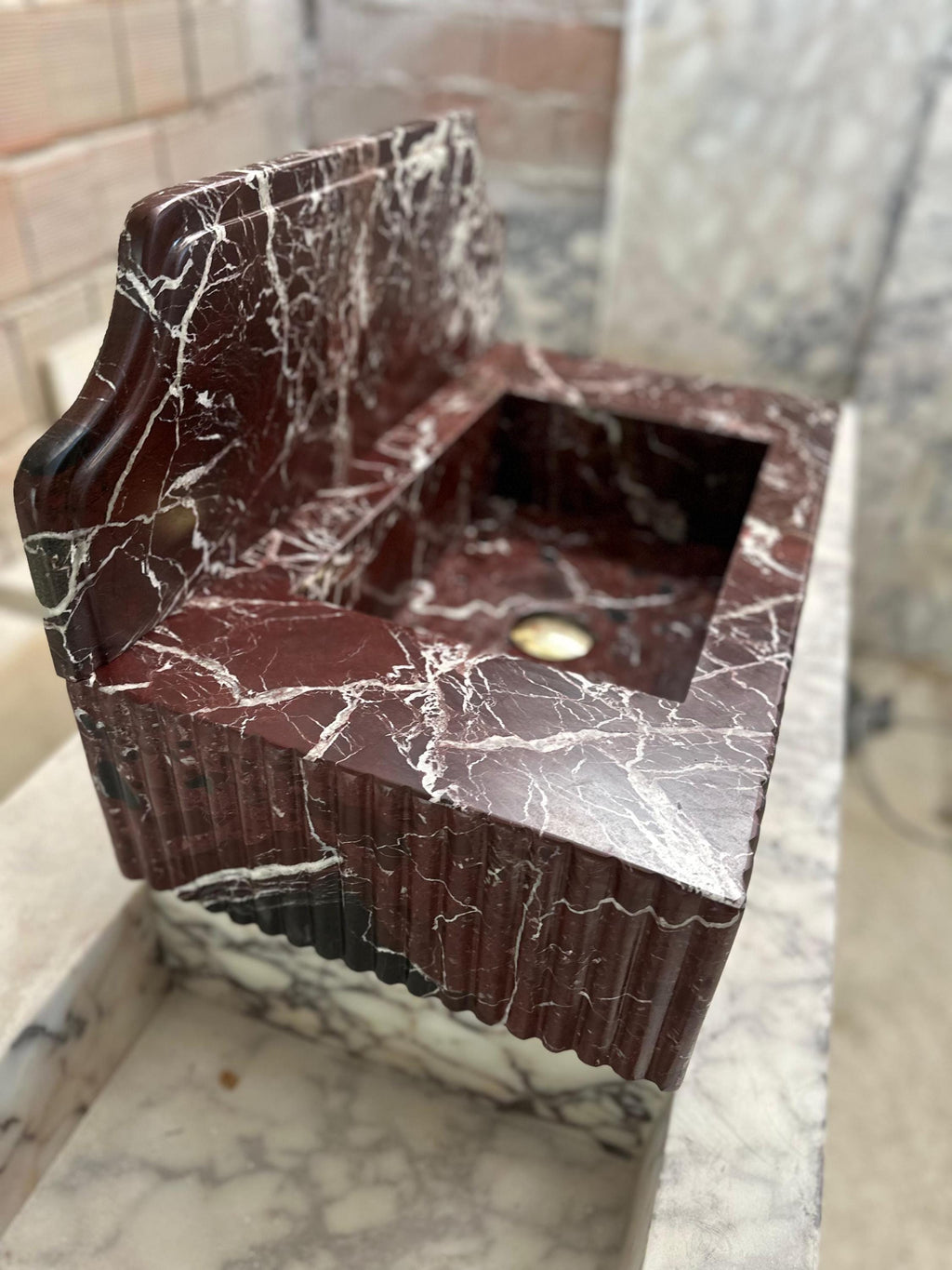 Rosso Levanto Marble Wall Mounted Sink: Powder Room Vanity, 16x24x6