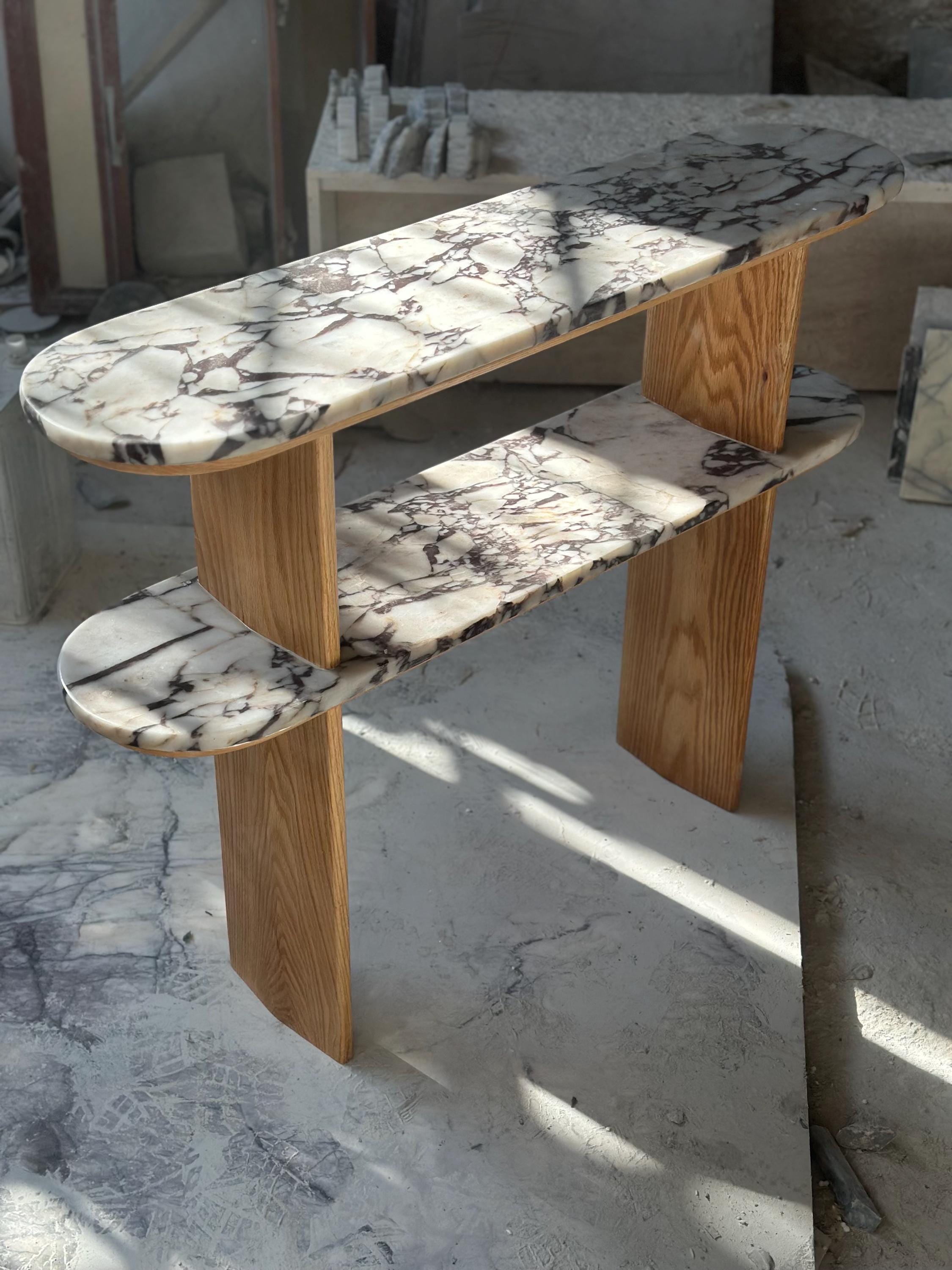 Handmade Calacatta Viola Marble & Oak Console Table - Modern Entryway Accent Shelf